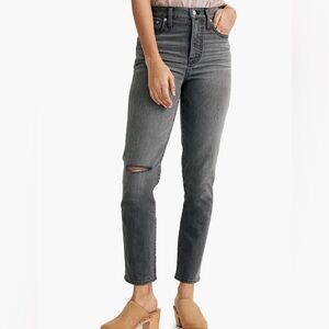 Madewell perfect vintage gray jeans with a single distress on the right leg